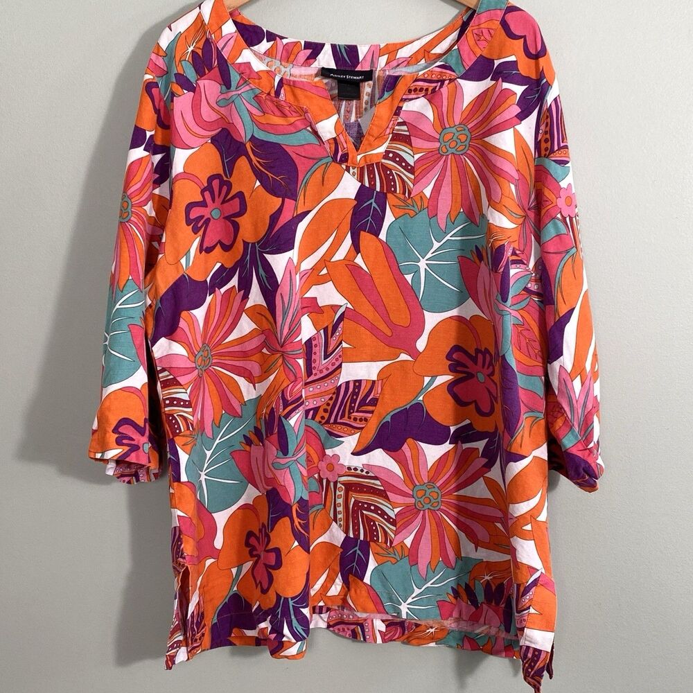 Ashley Stewart Linen Blend Top Womens 20 Floral 3/4 Sleeve Blouse Popover Resort